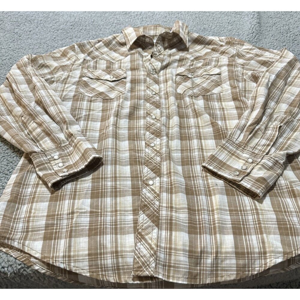 Wrangler Wrancher Shirt Men Sz Large Plaid Pearl Snap Long Sleeve Western